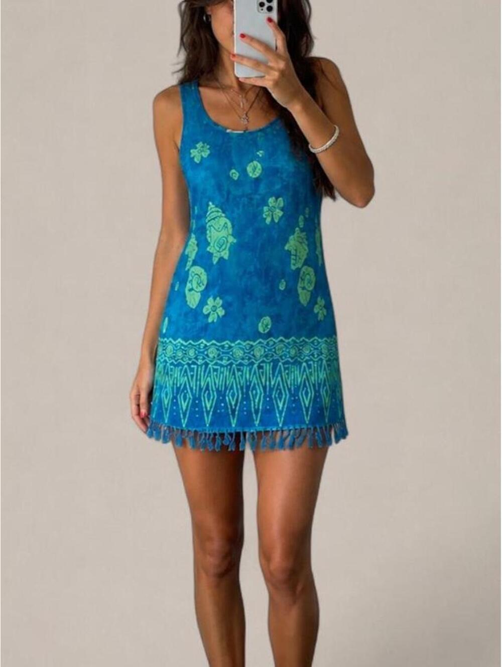Beach Cabana Blue Seashell Fringe Mini Dress — Small